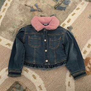 Mayoral denim jacket, lined, with faux fur pink collar - NWT